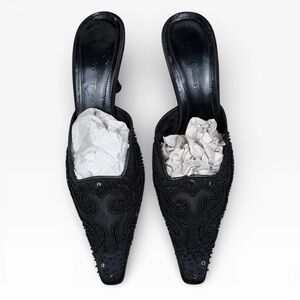 90s Y2K Black Pointed Toe Kitten Heels Black Satin Mesh Beaded Sz 8.5